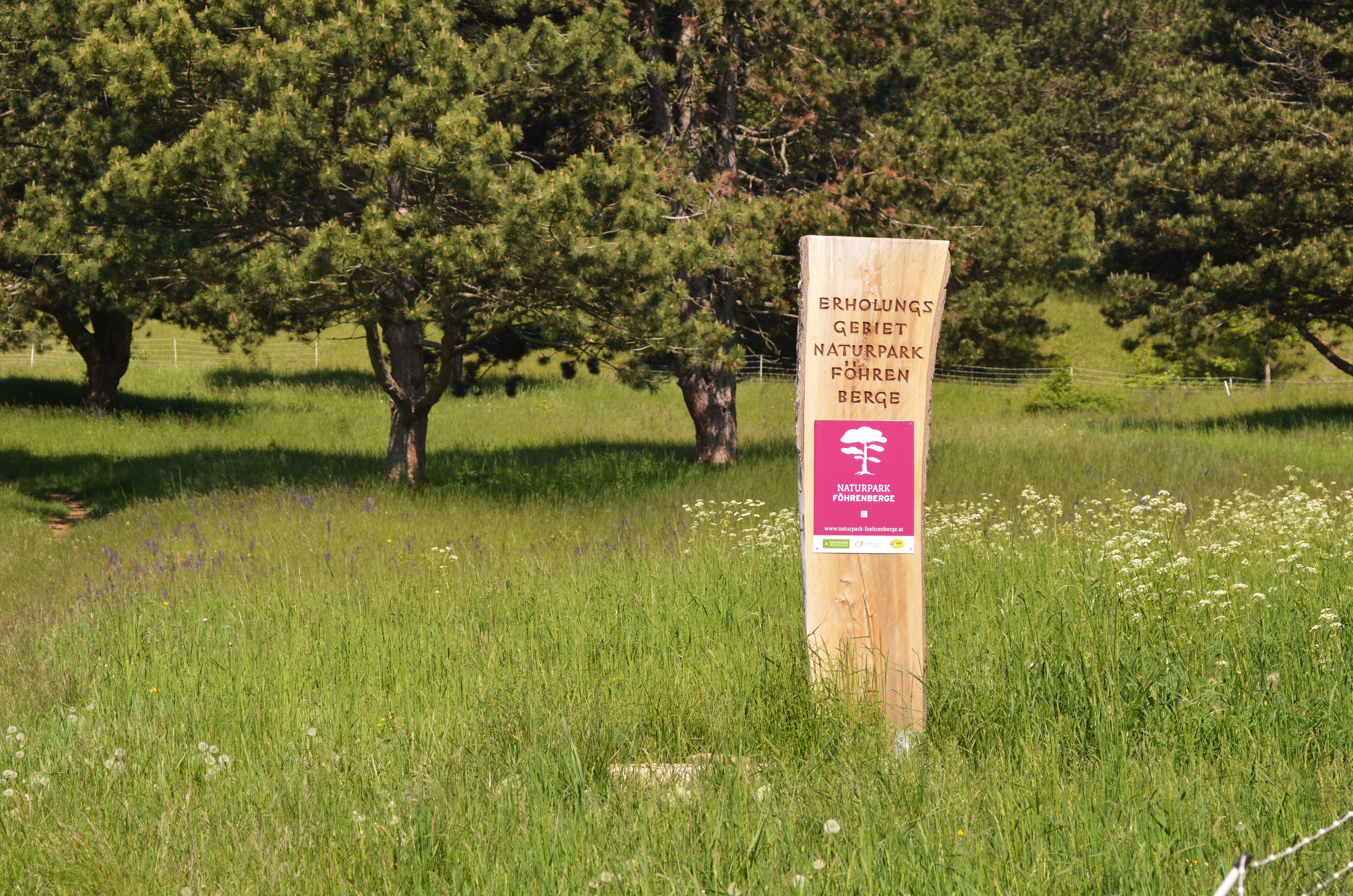 Blick auf die Gießhübler Heide und das Schild des Naturpark Föhrenberge