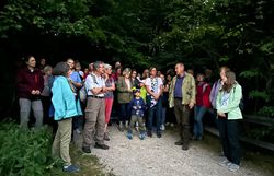 Teilnehmer:innen versammeln sich um Leo Lindebner (Stadtrat für Forst, Mödling), welcher interessante Einblicke in den Mödlinger Stadtwald gibt.