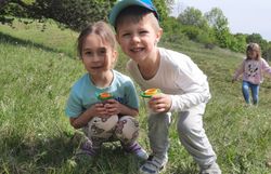 Kinder erforschen mit den Becherlupen die Insekten des Trockenrasens.