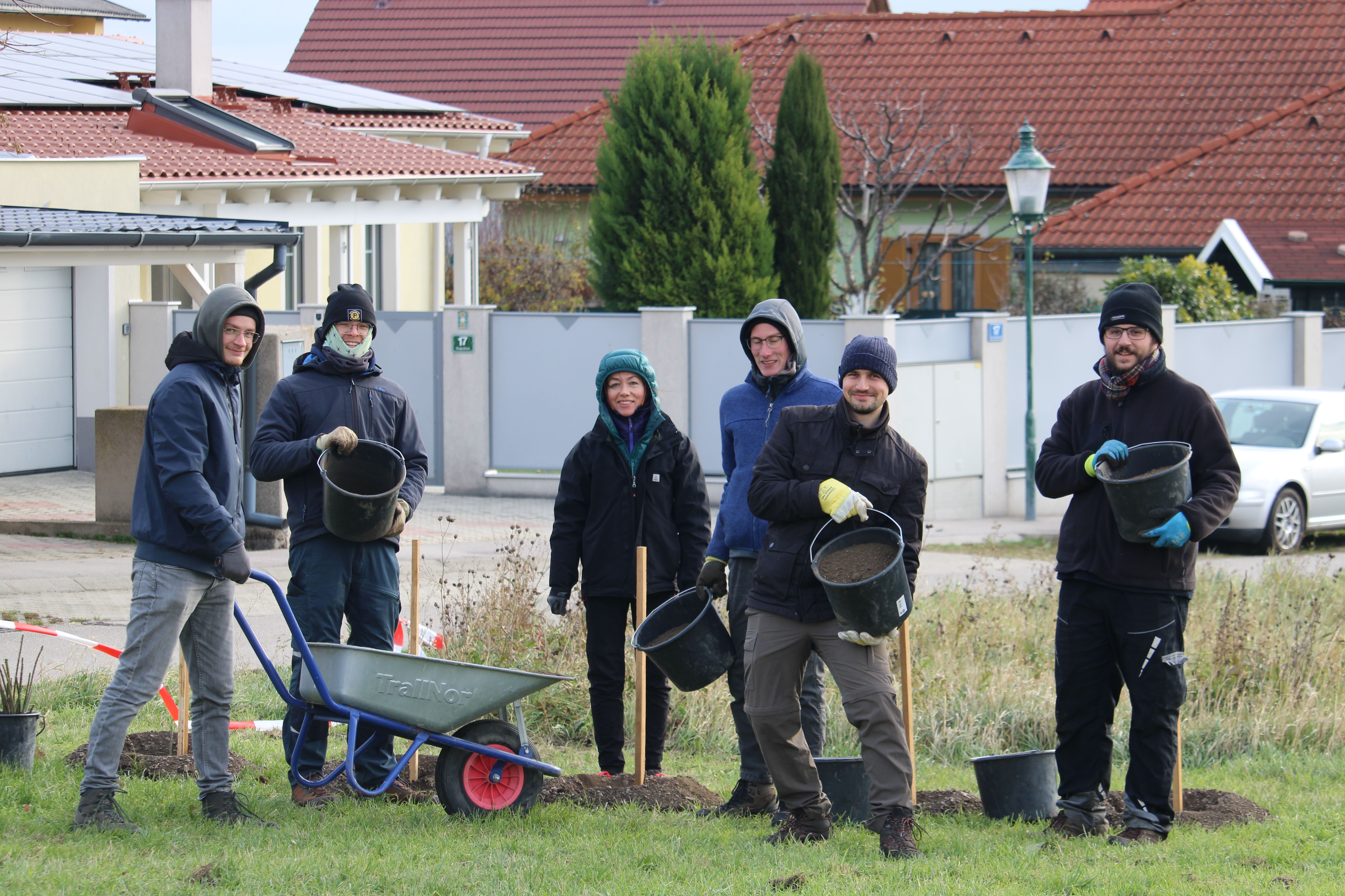 Praktikant:innen des Landschaftspflegevereins tatkräftig beim Heckenpflanzen.