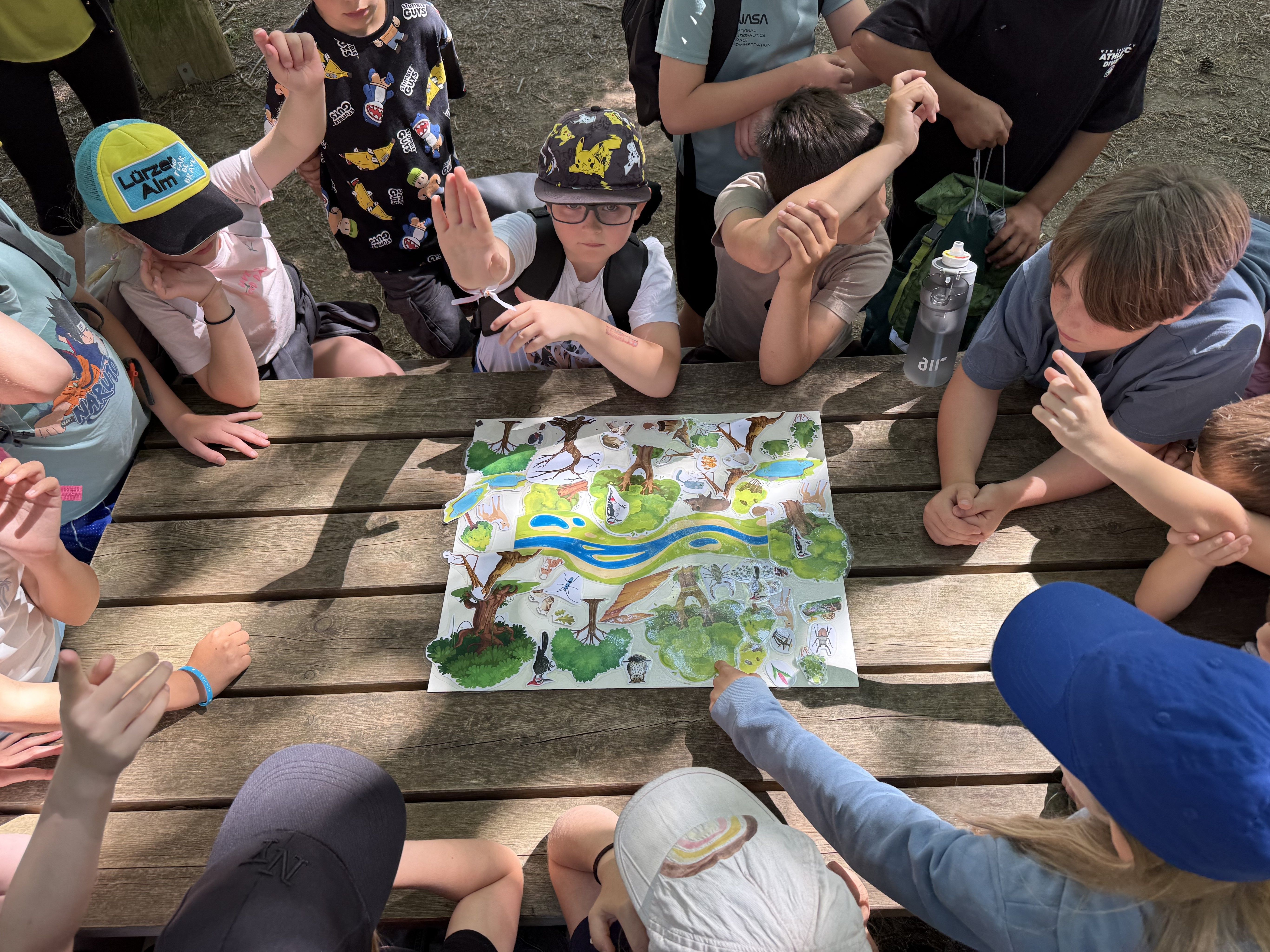 Kinder stehen um Wald-Magnettafel
