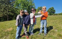 Kinder präsentieren ihr Wiesenklebebild