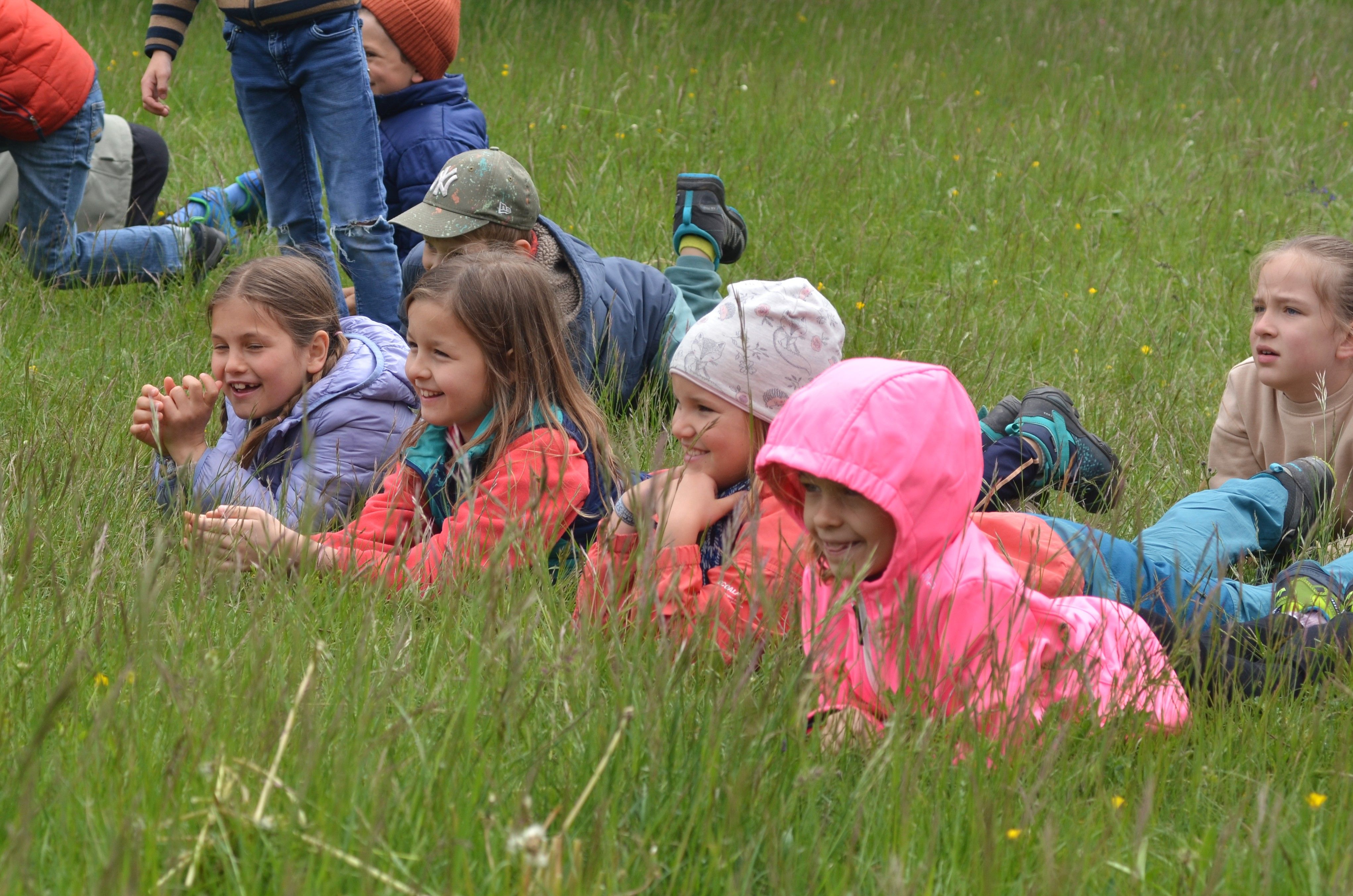 Kinder liegen in der Wiese und versuchen ein Tier darzustellen