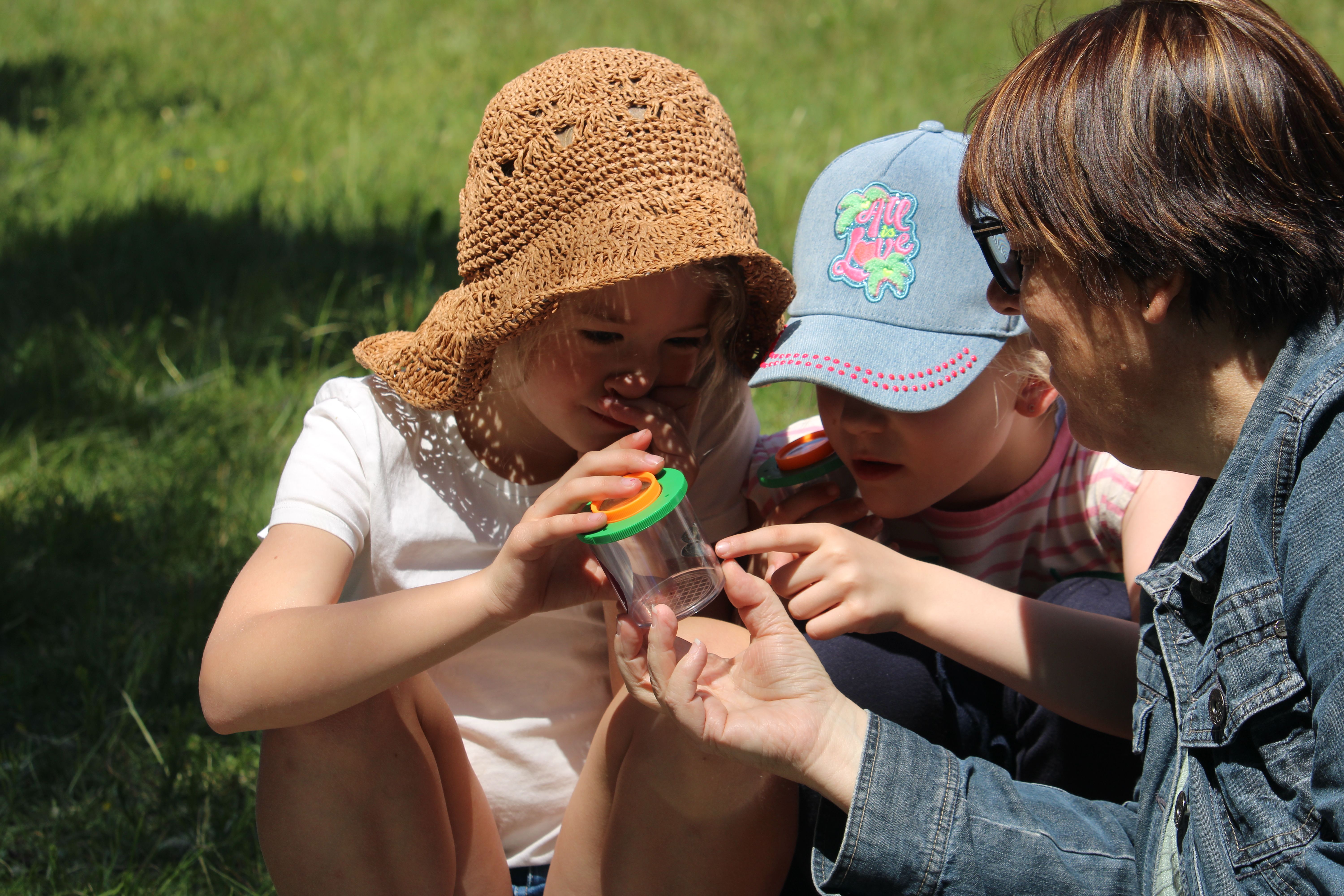 Kinder beobachten Insekten im Becherlupenglas