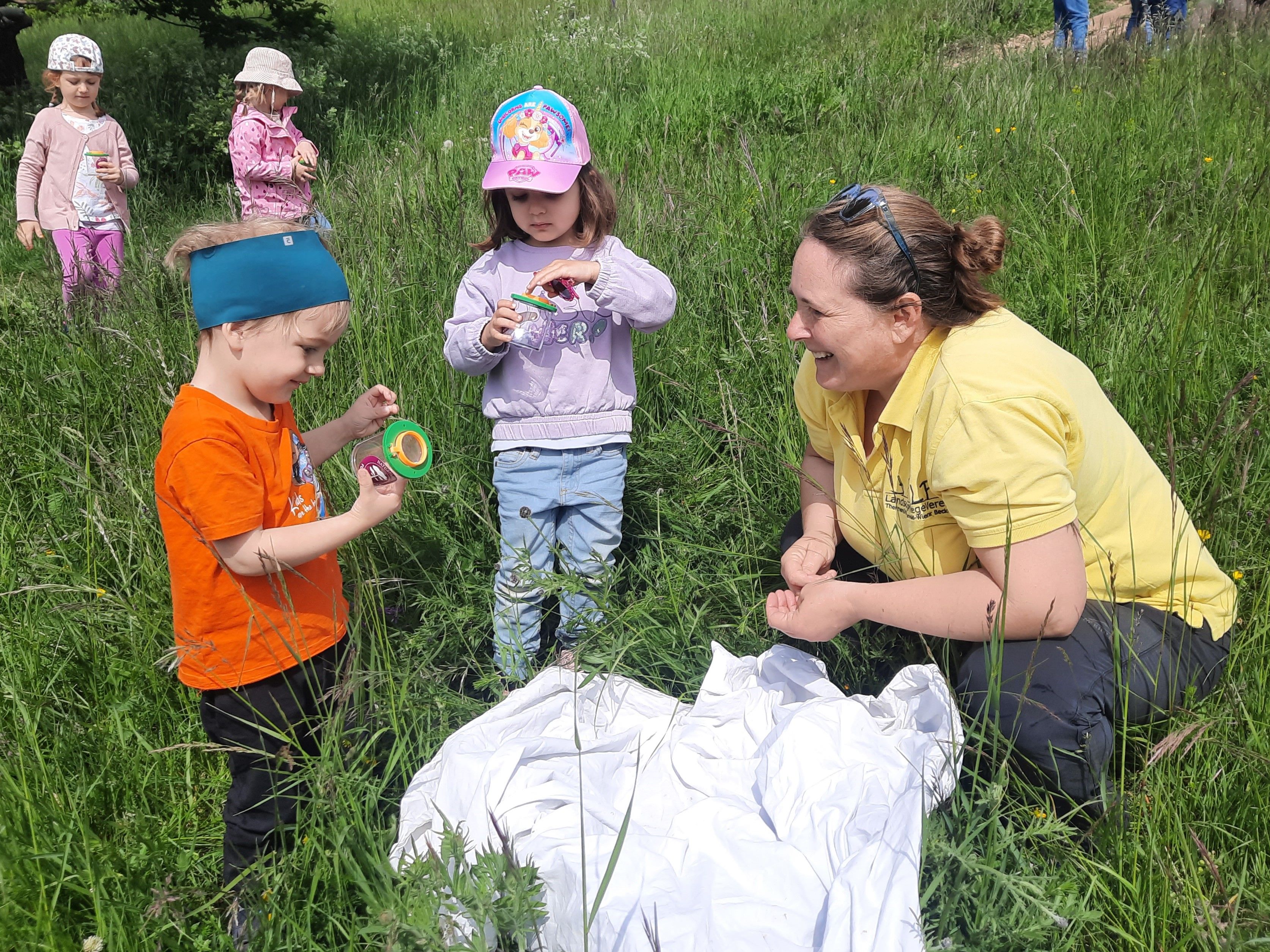 Kinder betrachten gemeinsam mit Biologin Linda die eingefangenen Insekten. 