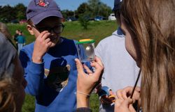 Kinder betrachten Insekt in Becherlupe