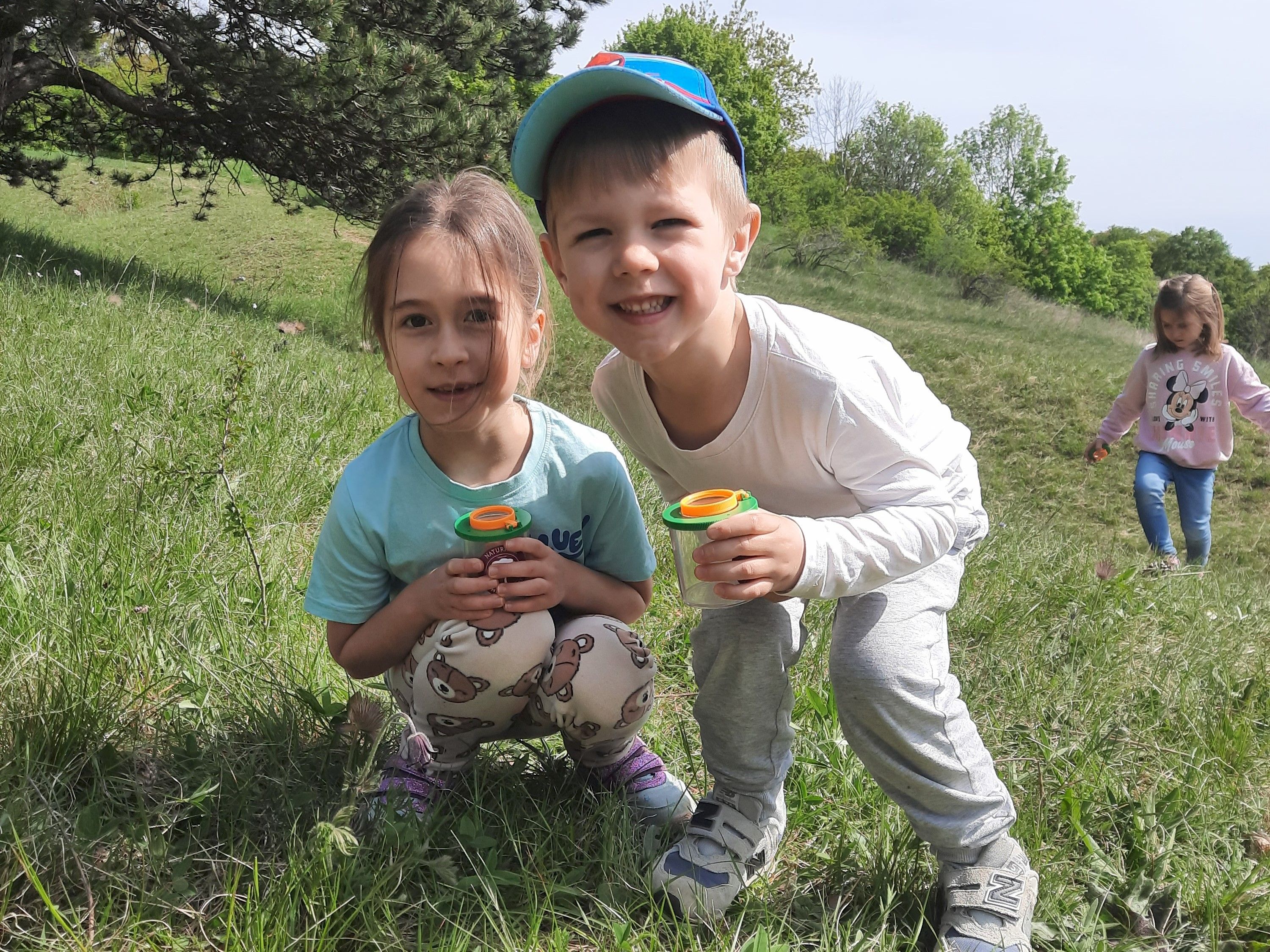 Kinder erforschen mit den Becherlupen die Insekten des Trockenrasens.