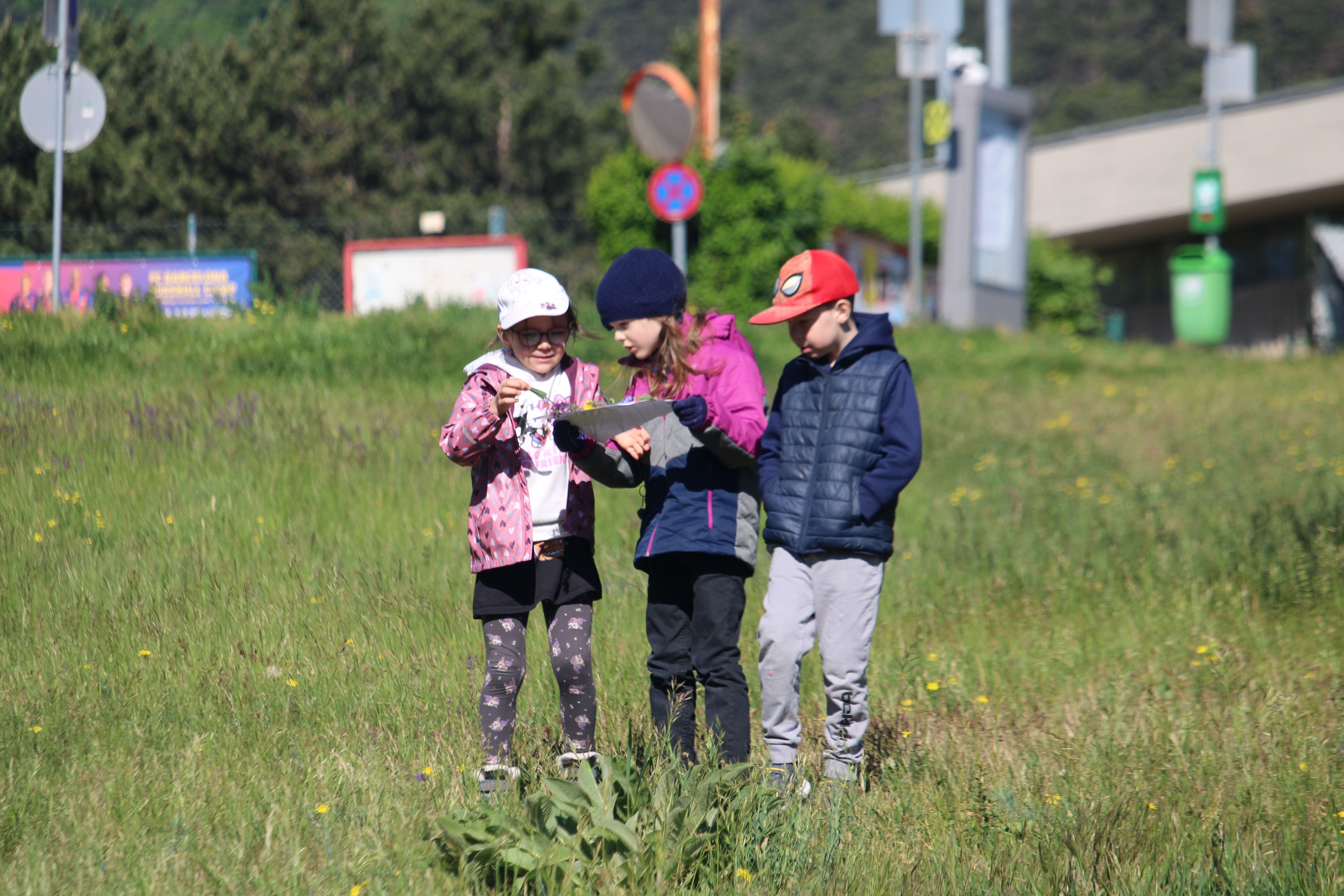 Kinder erstellen ein Wiesenklebebild